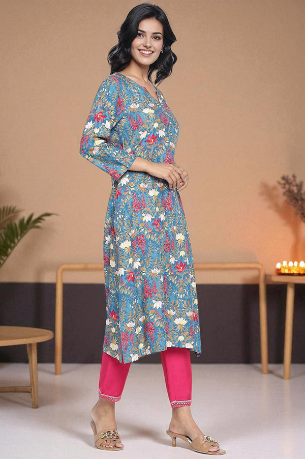 Teal Printed Rayon Straight Kurta