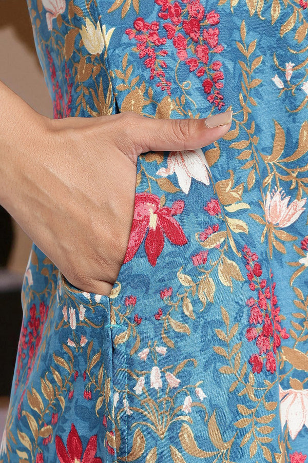 Teal Printed Rayon Straight Kurta