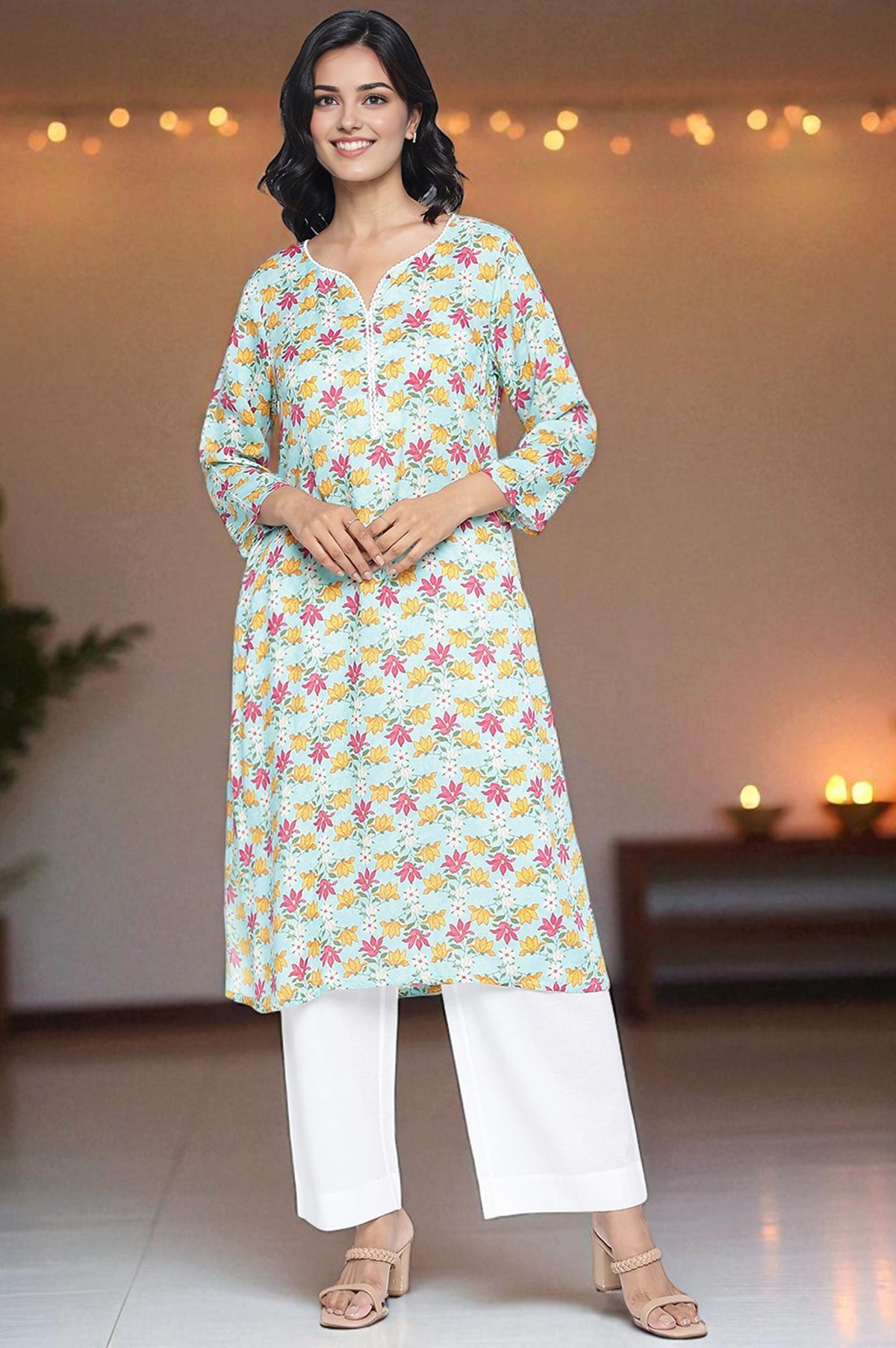 Aqua Green Printed Modal Straight Kurta - XS