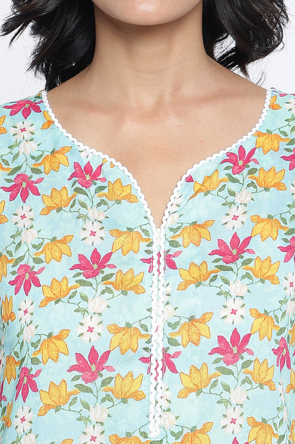 Aqua Green Printed Modal Straight Kurta