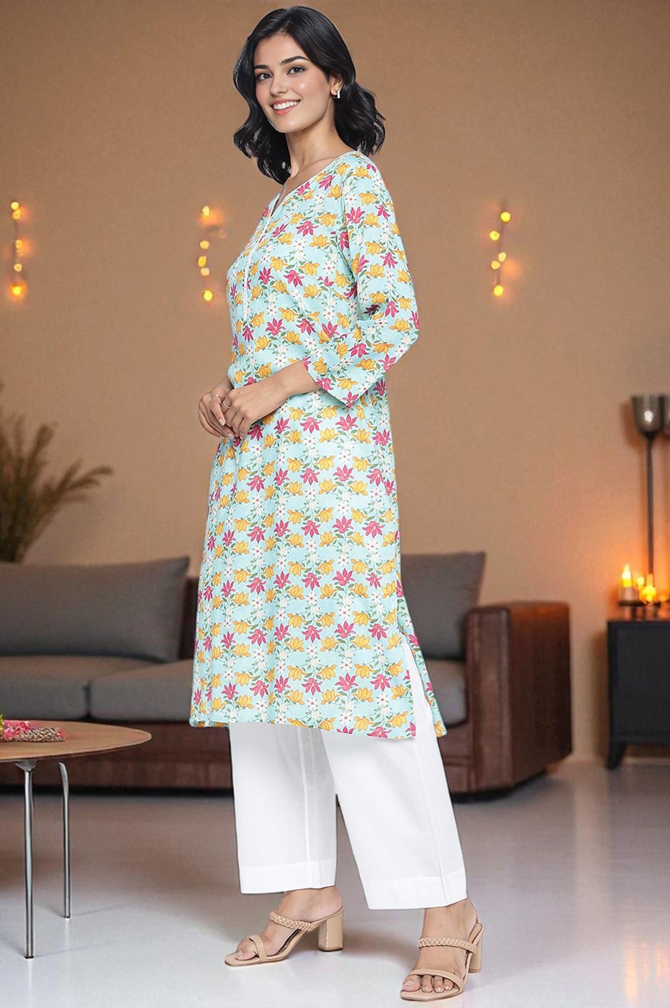 Aqua Green Printed Modal Straight Kurta