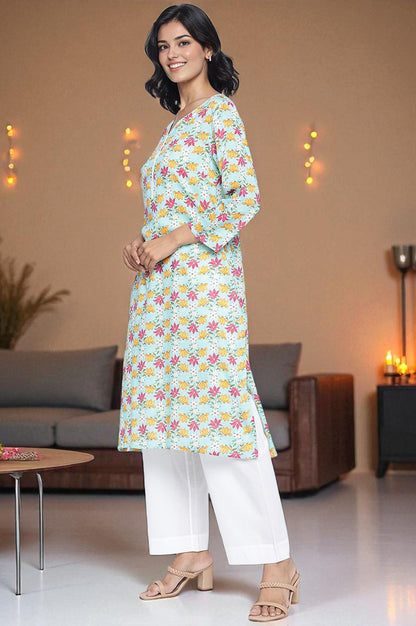 Aqua Green Printed Modal Straight Kurta