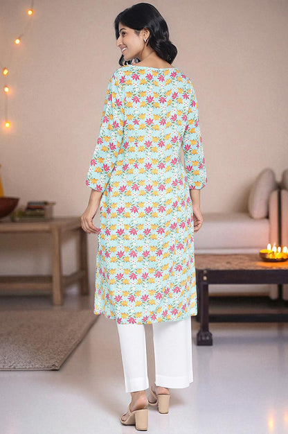 Aqua Green Printed Modal Straight Kurta