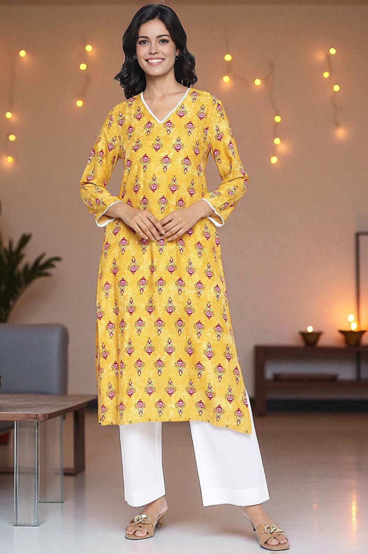 Mustard Yellow Printed Rayon Straight Kurta - XS
