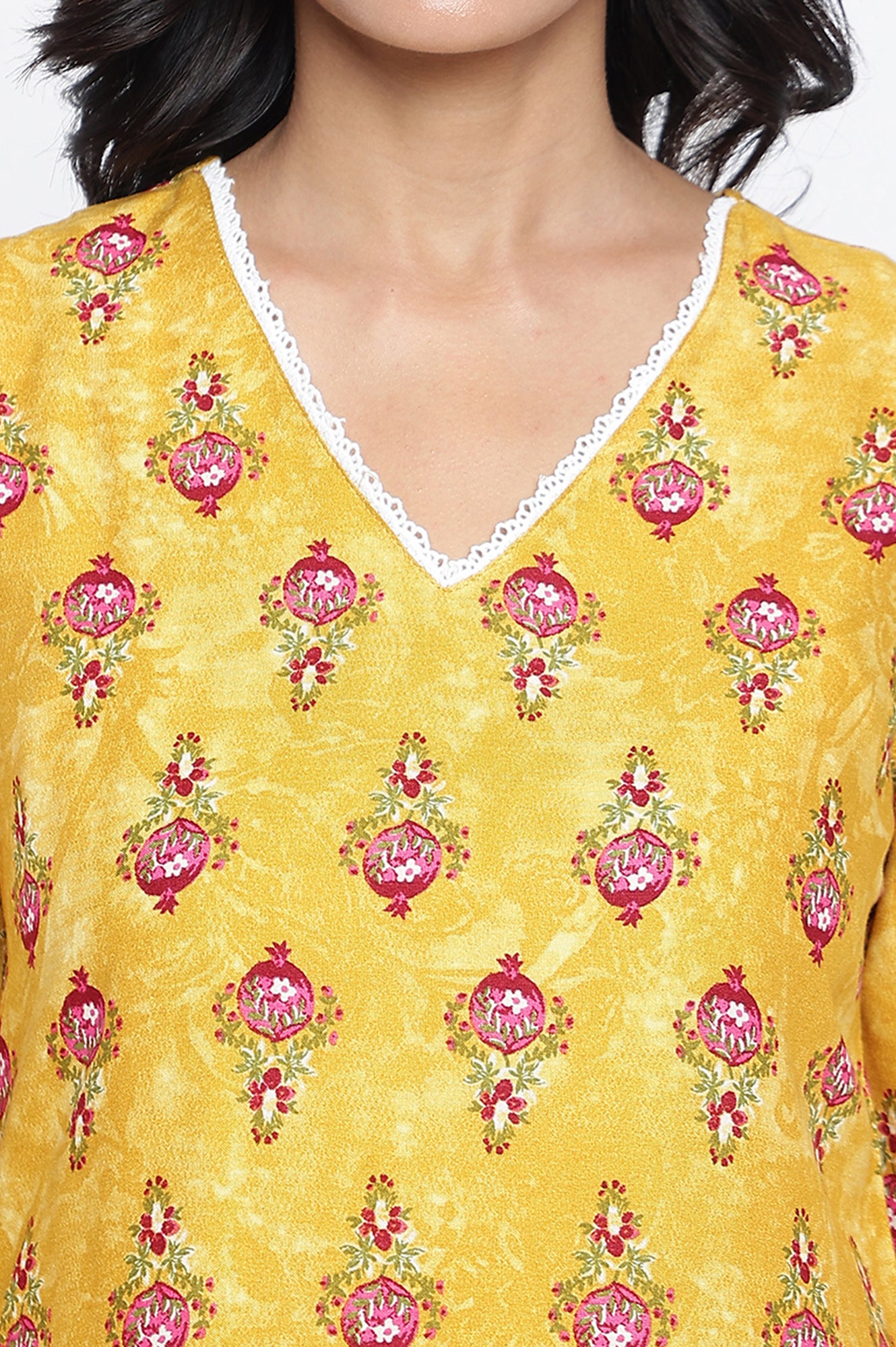 Mustard Yellow Printed Rayon Straight Kurta