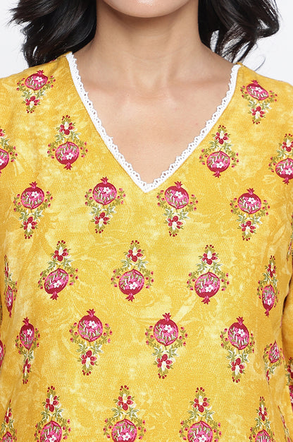 Mustard Yellow Printed Rayon Straight Kurta