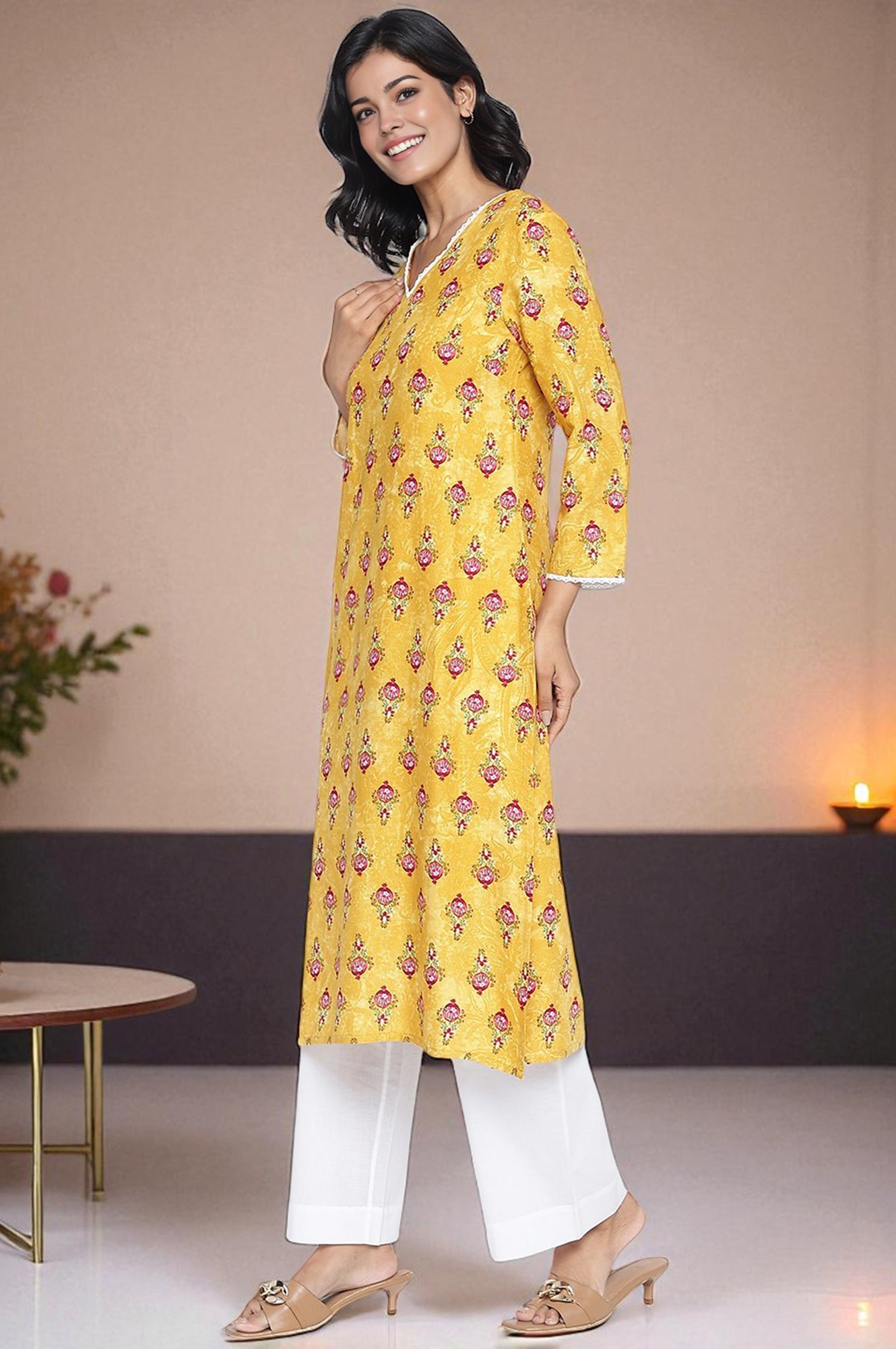 Mustard Yellow Printed Rayon Straight Kurta