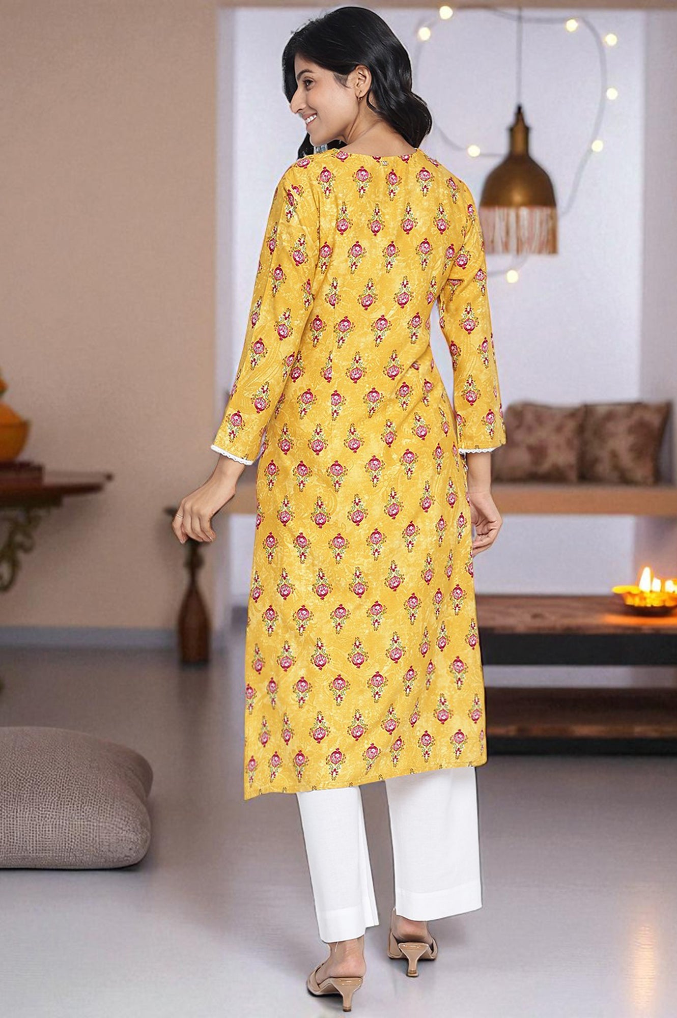 Mustard Yellow Printed Rayon Straight Kurta
