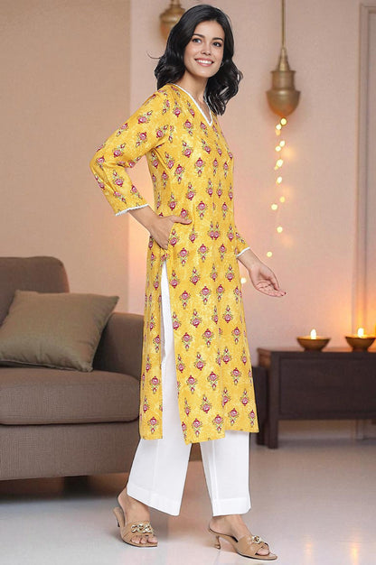 Mustard Yellow Printed Rayon Straight Kurta