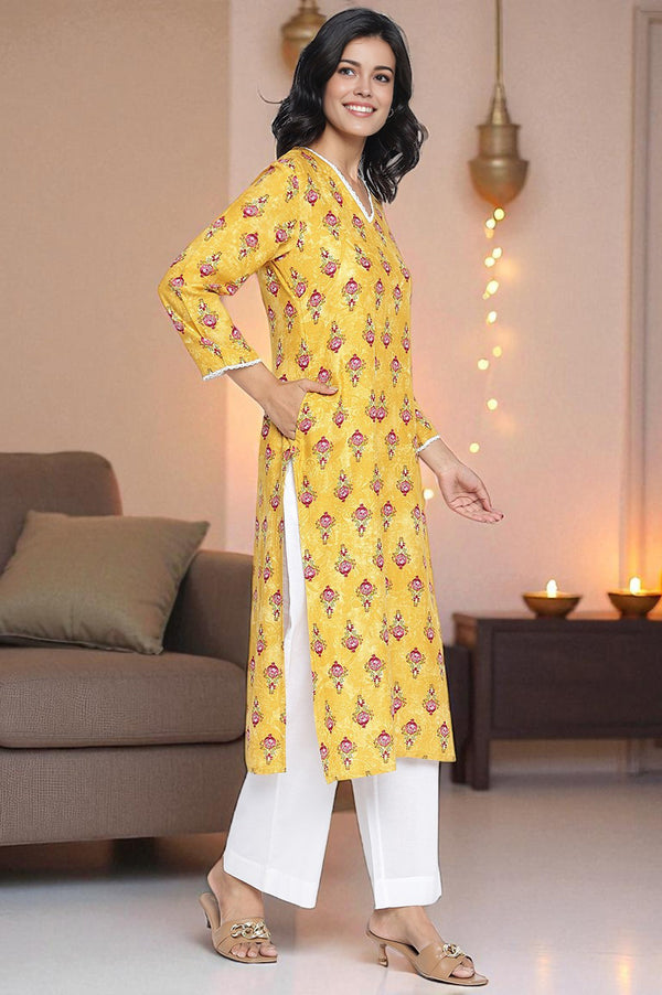 Mustard Yellow Printed Rayon Straight Kurta