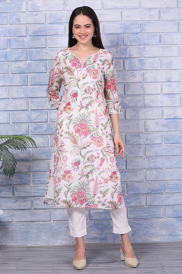 Off-White Floral Printed Kota Straight Kurta with Lace