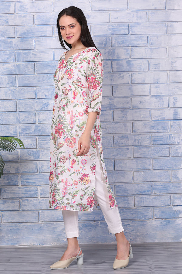 Off-White Floral Printed Kota Straight Kurta with Lace