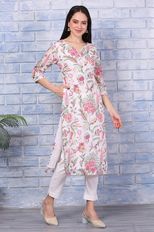 Off-White Floral Printed Kota Straight Kurta with Lace