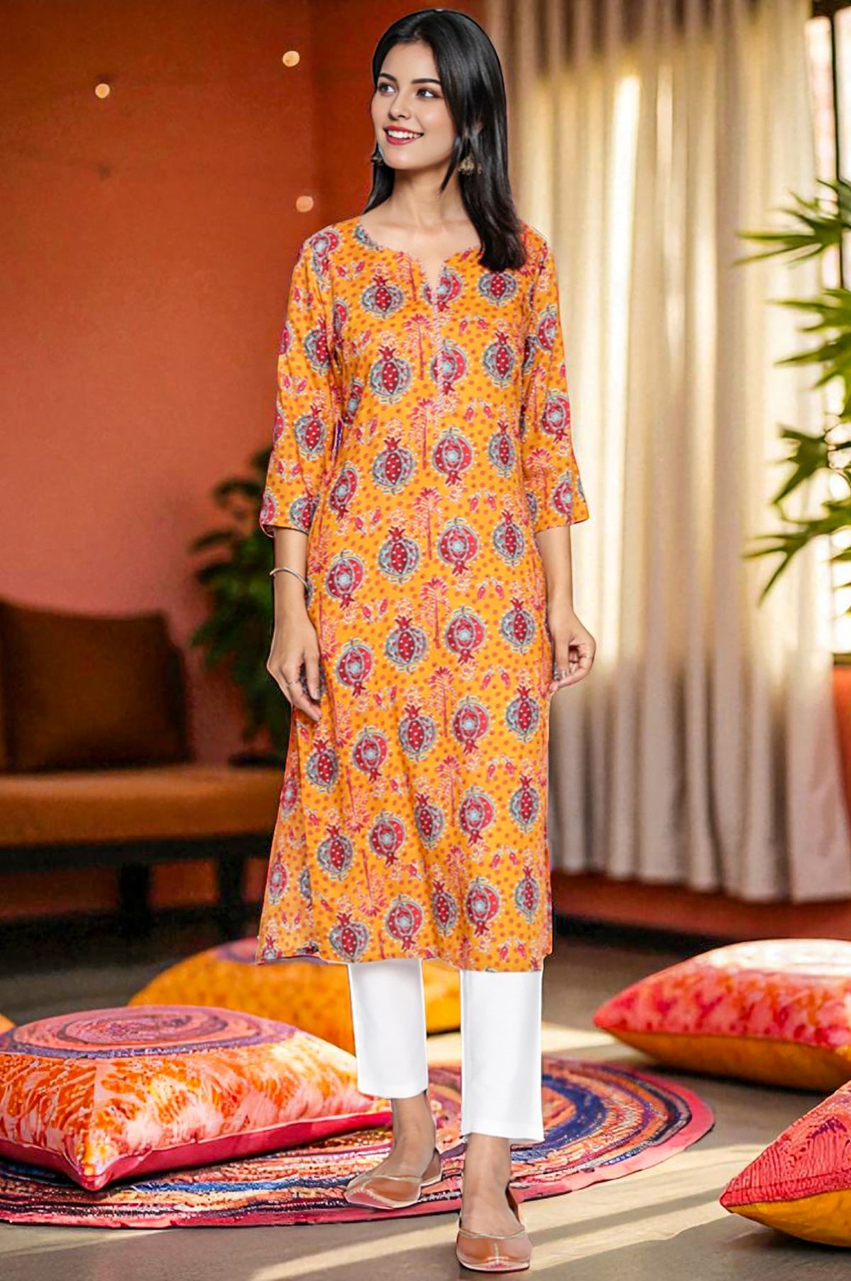 Mustard Floral Print Thread Work Straight Modal Kurta - XS
