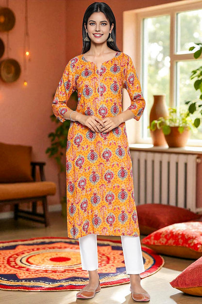 Mustard Floral Print Thread Work Straight Modal Kurta