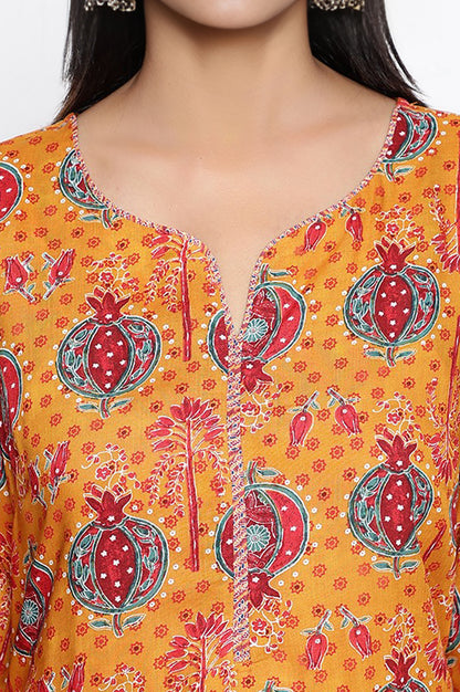 Mustard Floral Print Thread Work Straight Modal Kurta