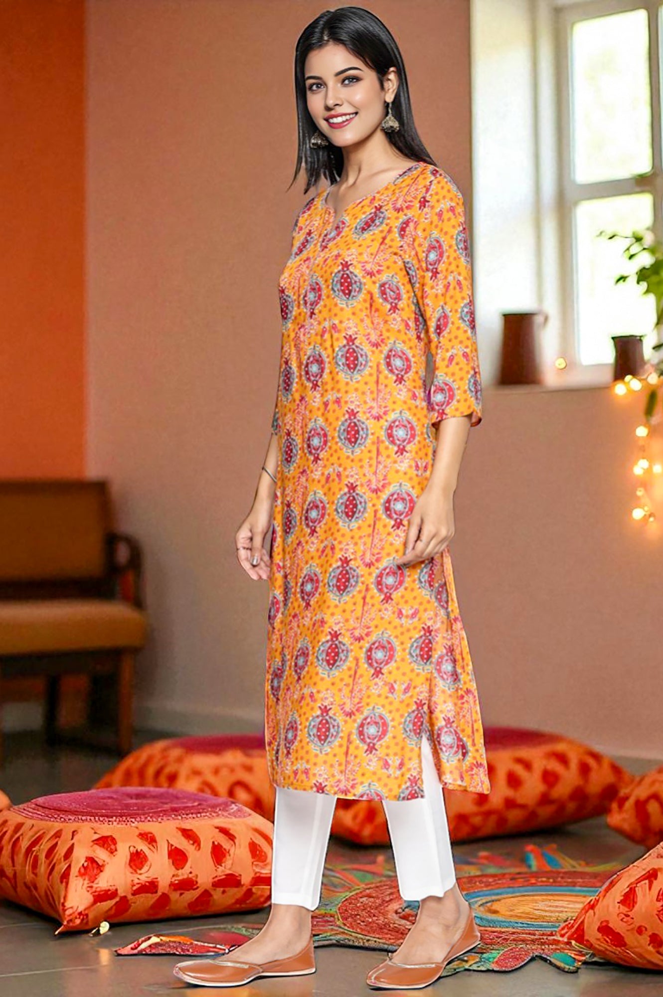 Mustard Floral Print Thread Work Straight Modal Kurta