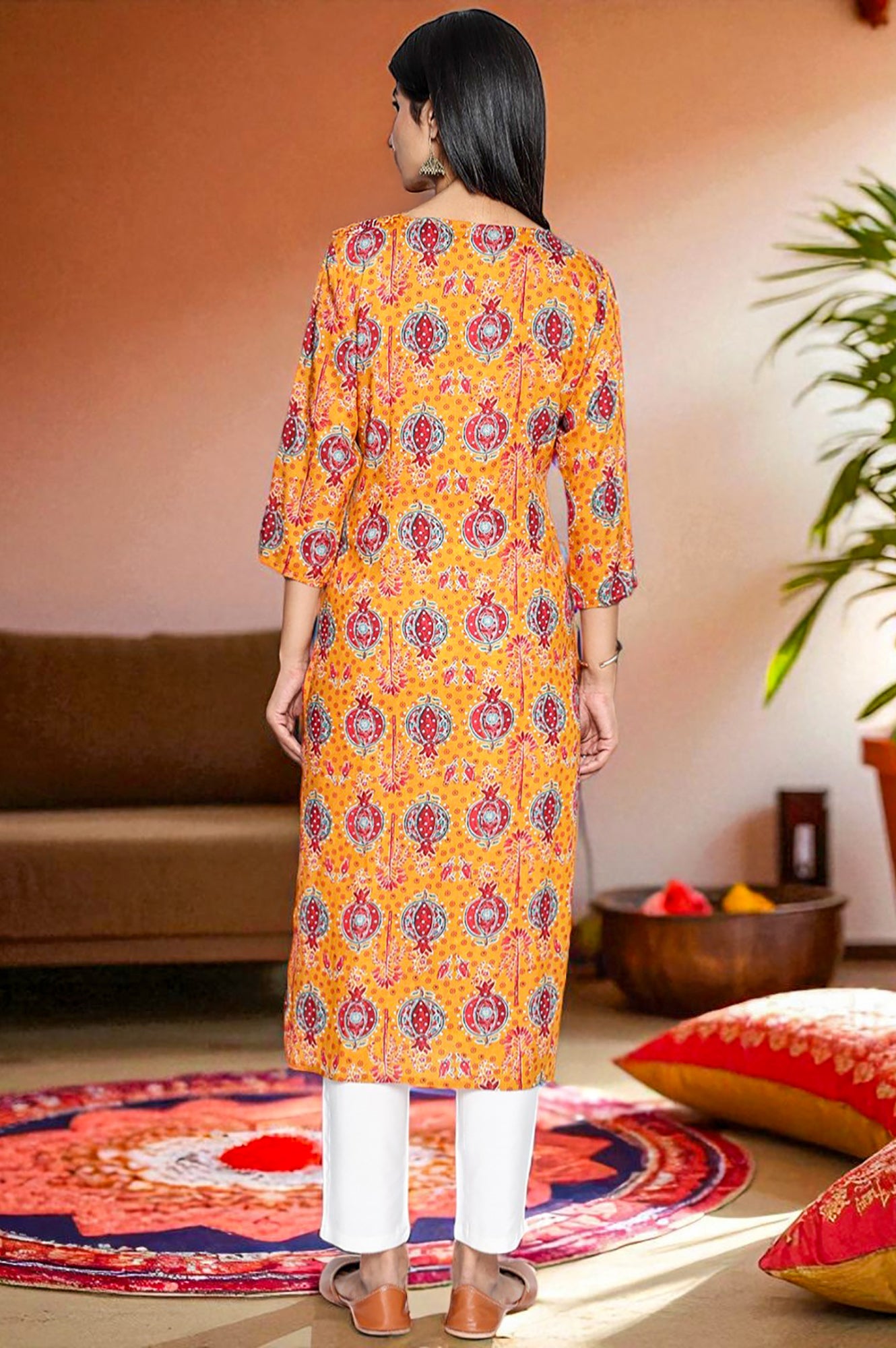 Mustard Floral Print Thread Work Straight Modal Kurta