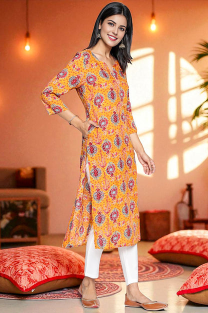 Mustard Floral Print Thread Work Straight Modal Kurta