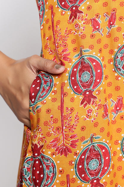 Mustard Floral Print Thread Work Straight Modal Kurta