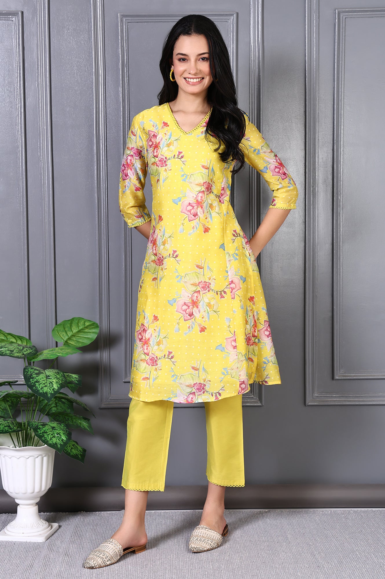 Yellow Floral Printed Lace Chanderi Flared Kurta