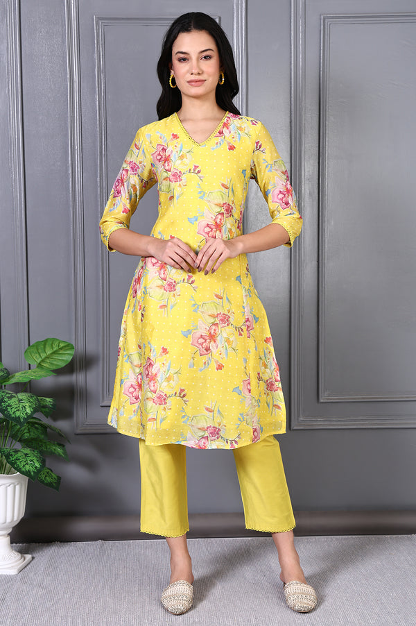 Yellow Floral Printed Lace Chanderi Flared Kurta