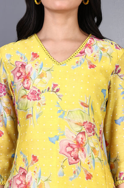 Yellow Floral Printed Lace Chanderi Flared Kurta