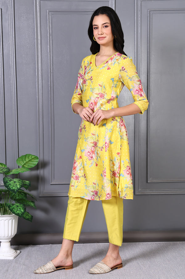 Yellow Floral Printed Lace Chanderi Flared Kurta
