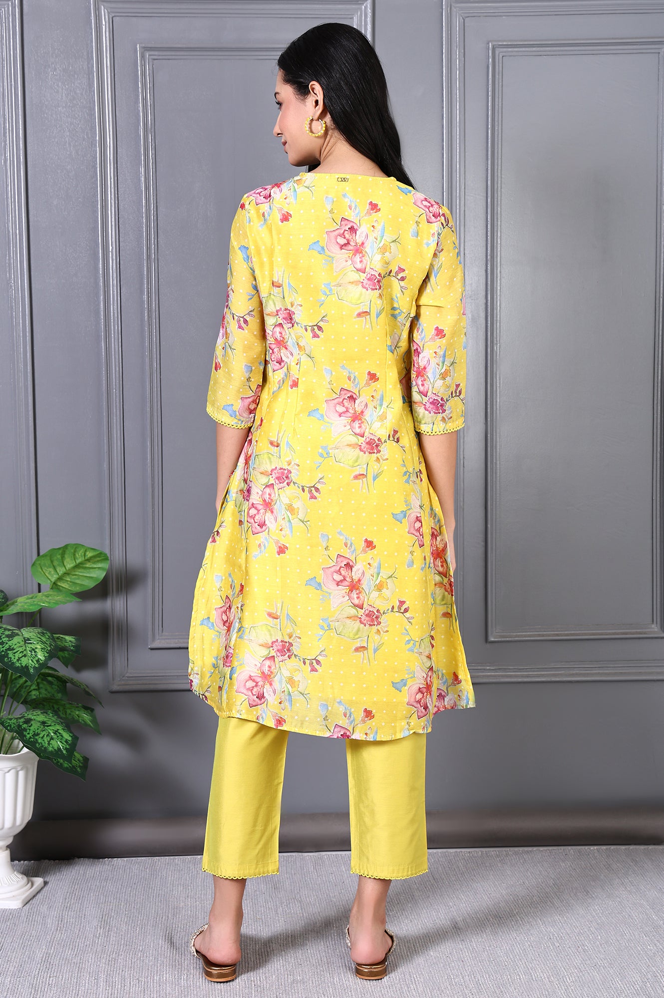 Yellow Floral Printed Lace Chanderi Flared Kurta