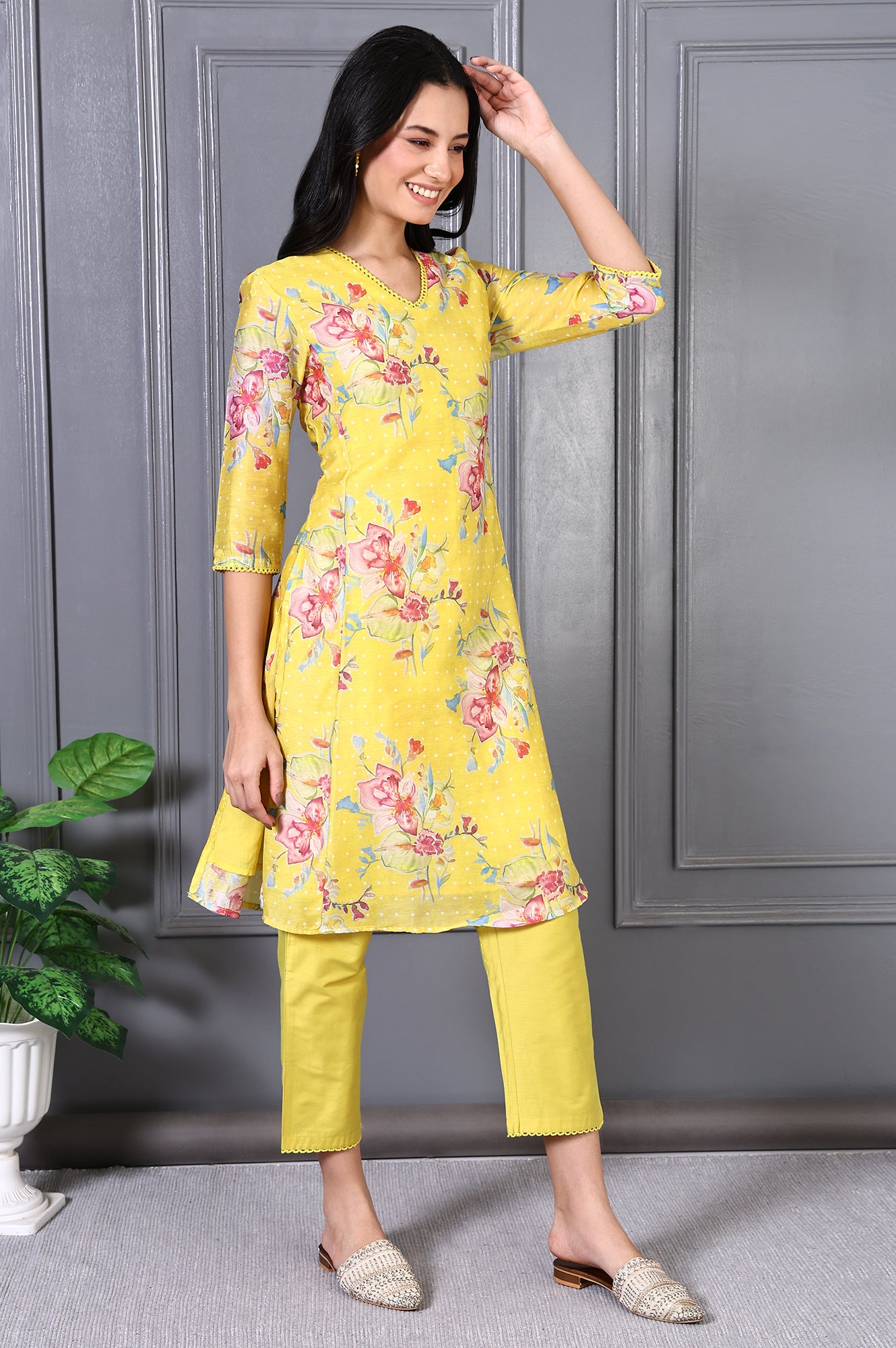 Yellow Floral Printed Lace Chanderi Flared Kurta