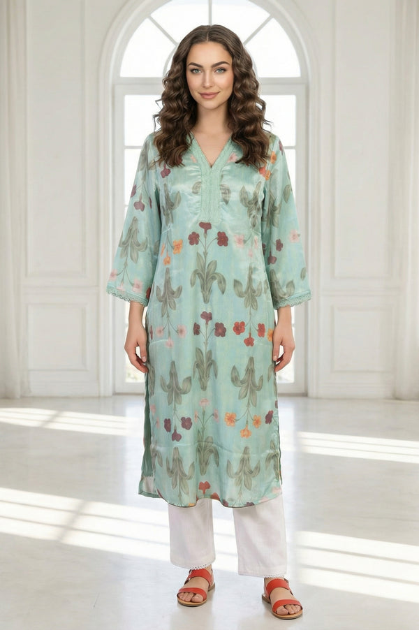 Sea Green Floral Printed Straight Kurta with Lace