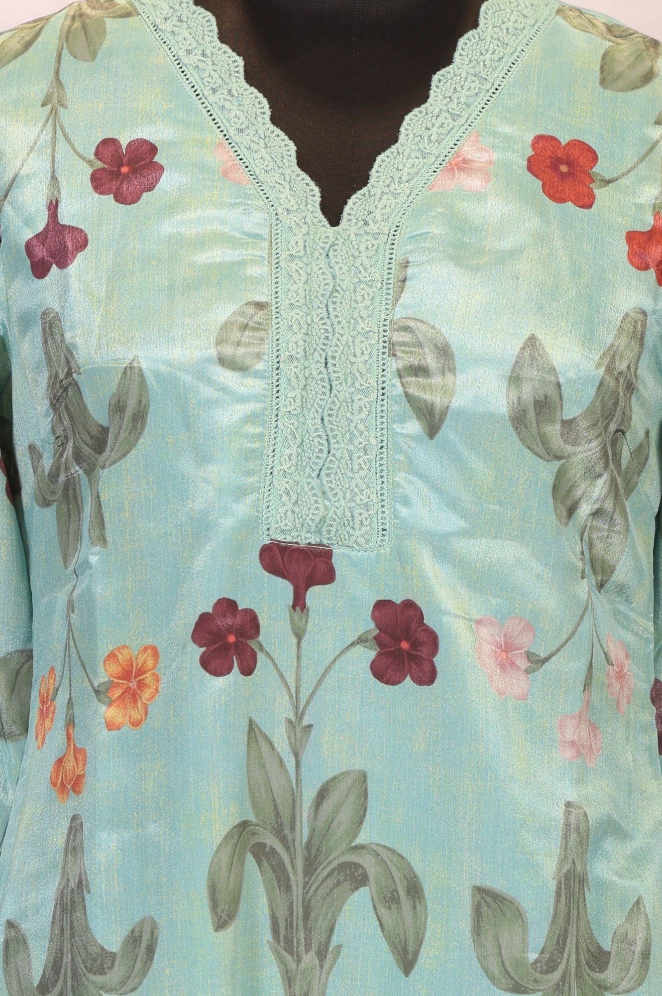 Sea Green Floral Printed Straight Kurta with Lace