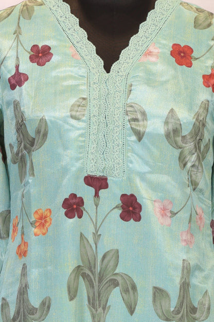 Sea Green Floral Printed Straight Kurta with Lace