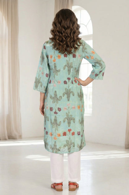 Sea Green Floral Printed Straight Kurta with Lace