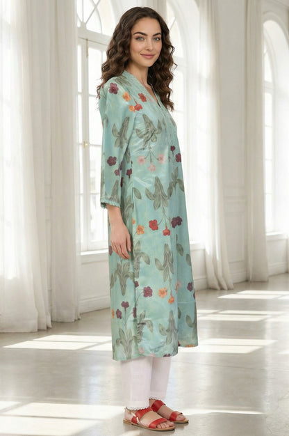 Sea Green Floral Printed Straight Kurta with Lace