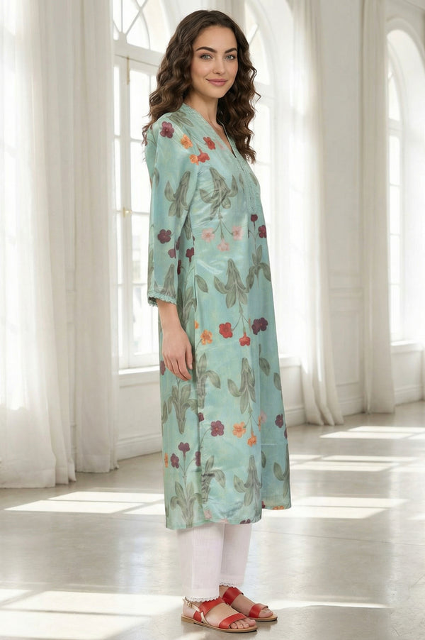 Sea Green Floral Printed Straight Kurta with Lace