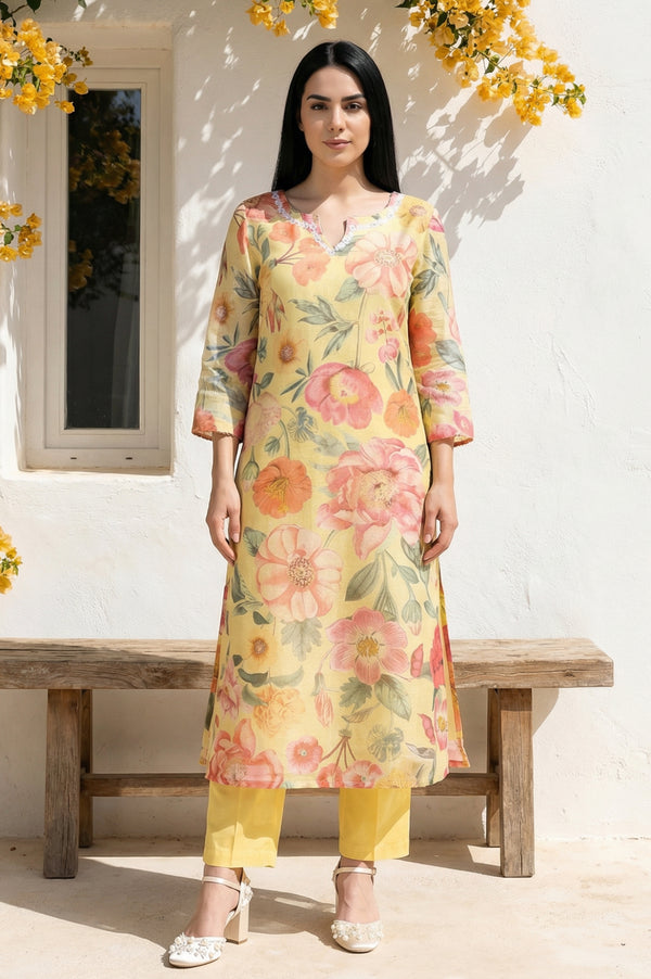 Yellow Floral Printed Sequins Straight Kurta