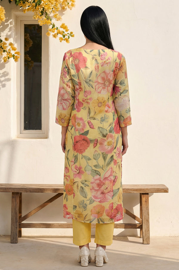 Yellow Floral Printed Sequins Straight Kurta