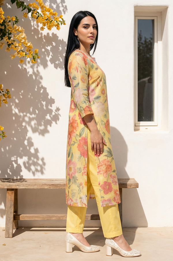 Yellow Floral Printed Sequins Straight Kurta
