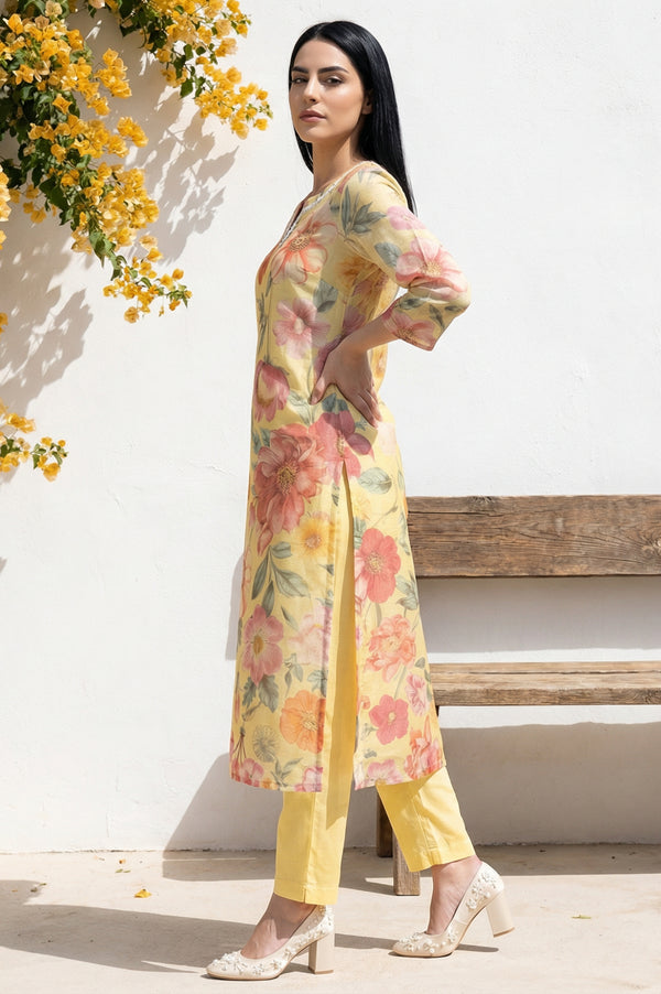 Yellow Floral Printed Sequins Straight Kurta
