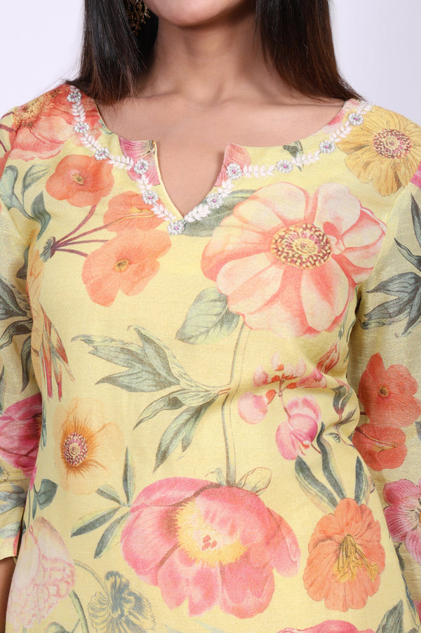 Yellow Floral Printed Sequins Straight Kurta