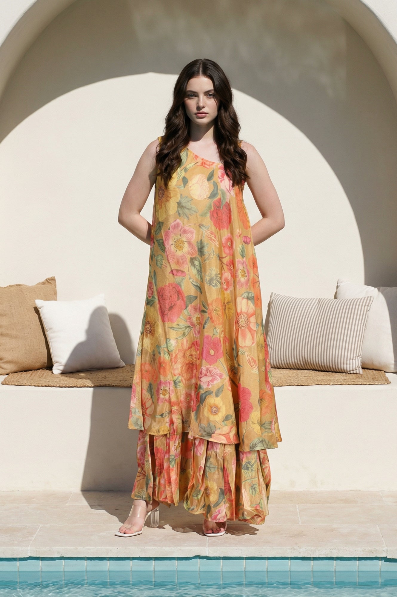 Yellow Floral Printed Flared Dress