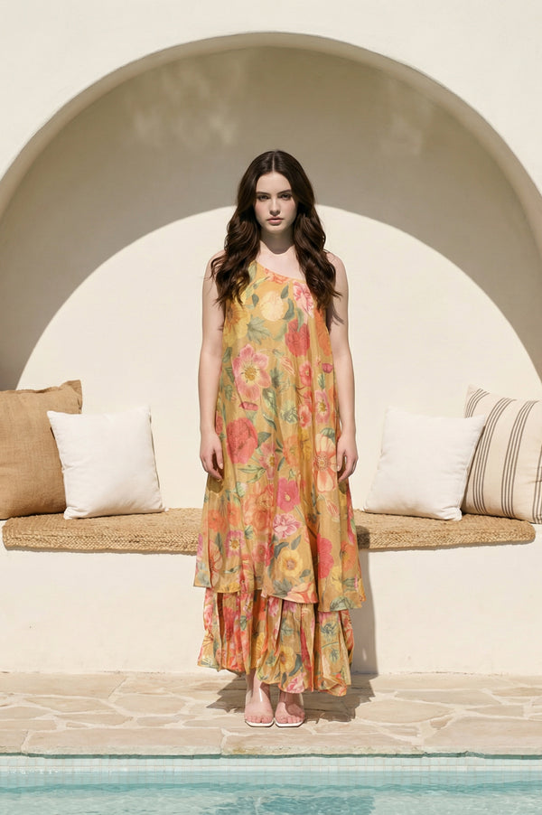 Yellow Floral Printed Flared Dress