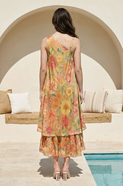 Yellow Floral Printed Flared Dress