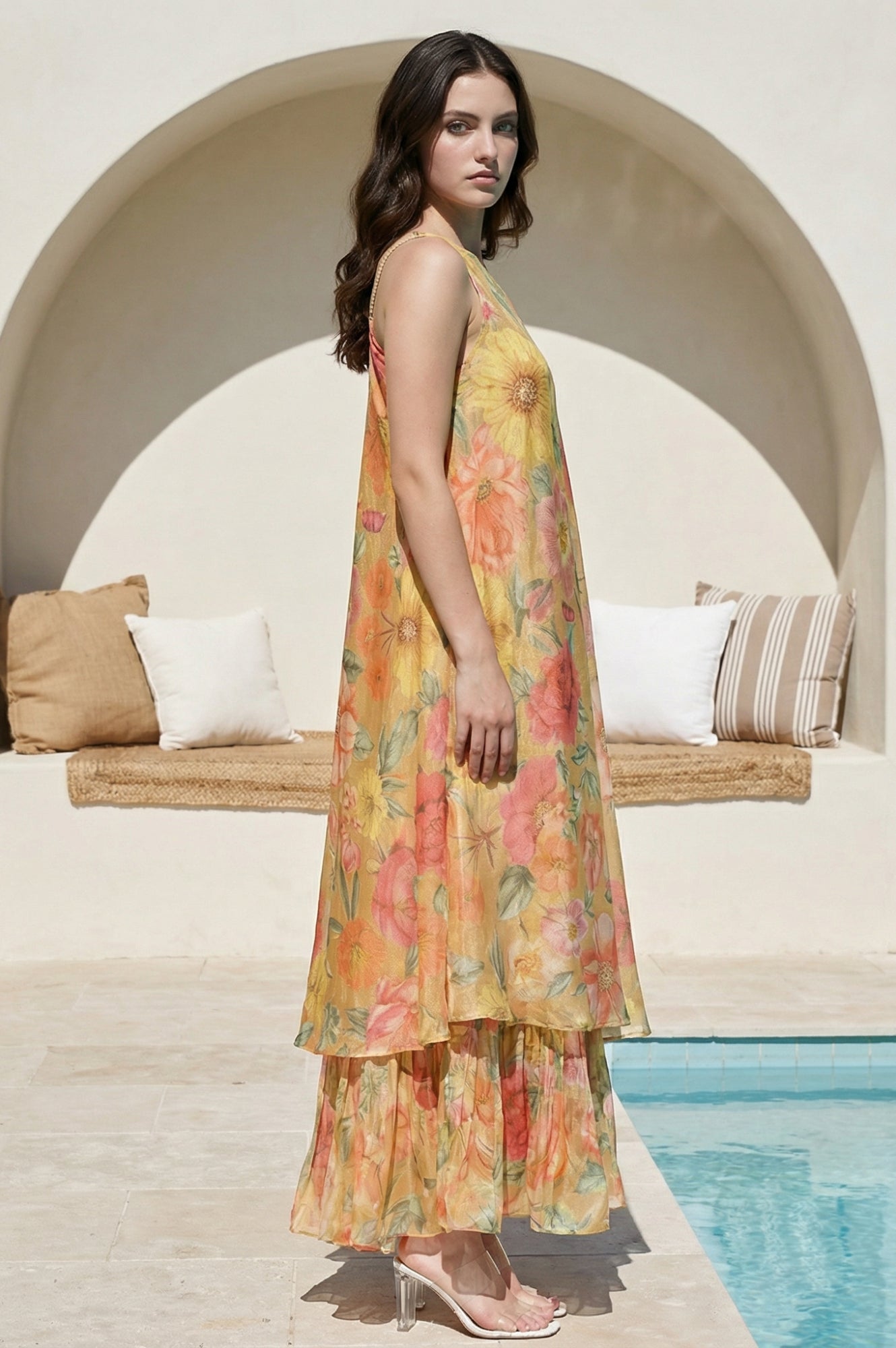 Yellow Floral Printed Flared Dress