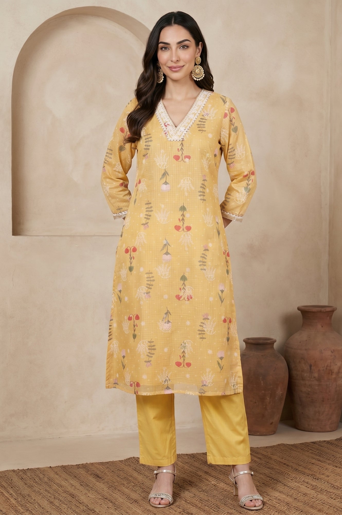 Mustard Floral Printed Cotton Straight Kurta