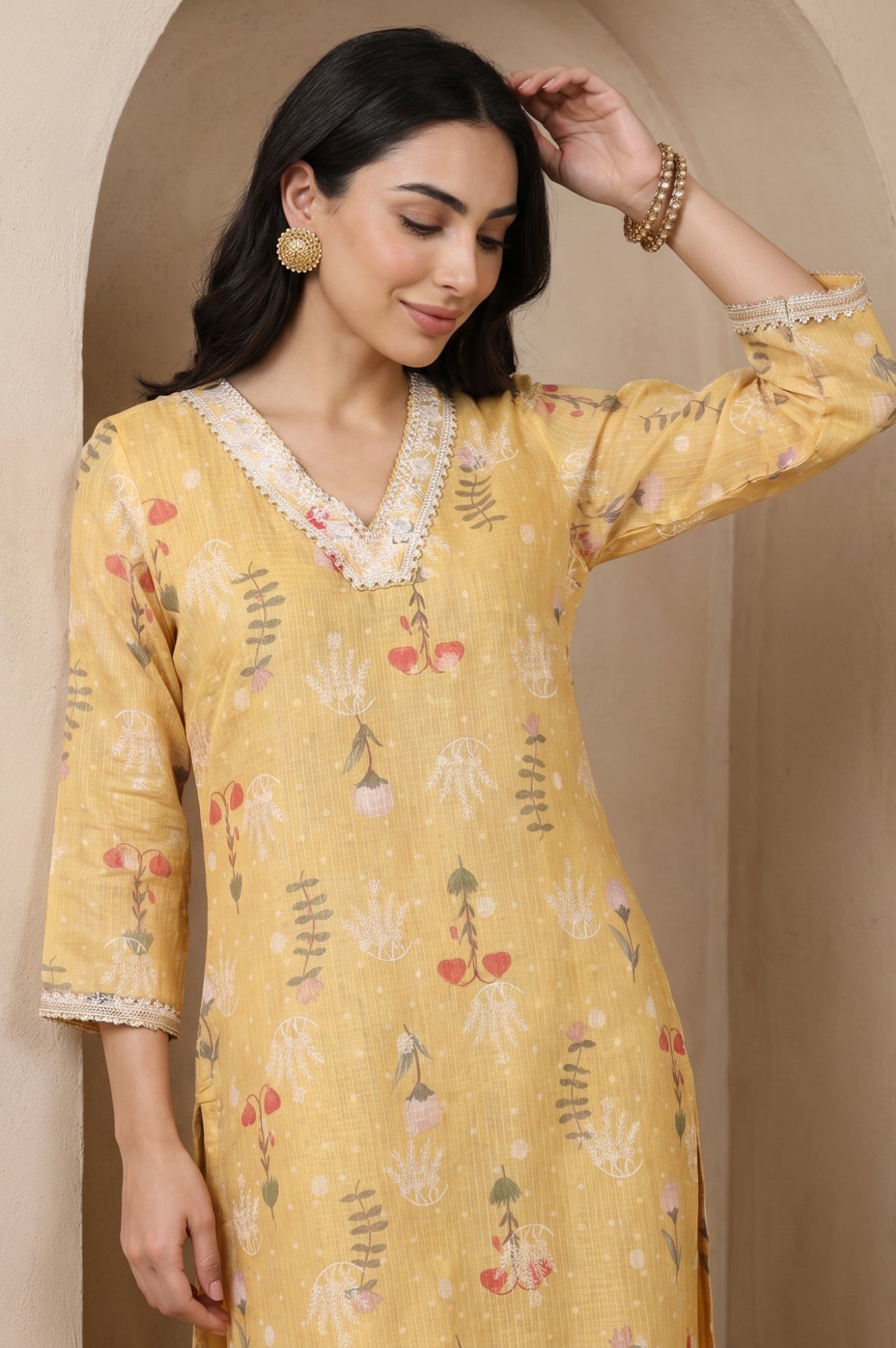 Mustard Floral Printed Cotton Straight Kurta