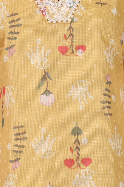 Mustard Floral Printed Cotton Straight Kurta