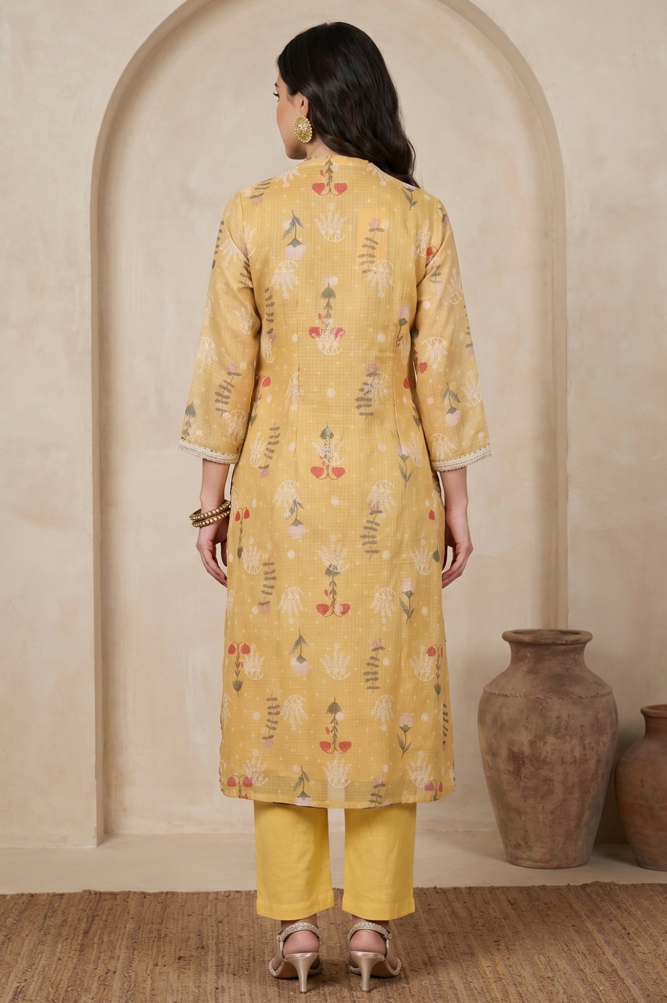 Mustard Floral Printed Cotton Straight Kurta
