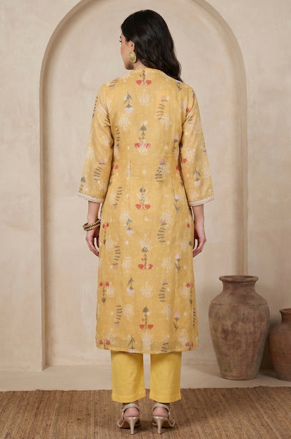 Mustard Floral Printed Cotton Straight Kurta